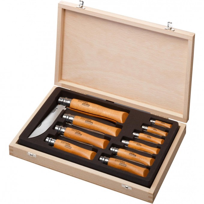 Набор OPINEL в деревянной коробке с крышкой из 10 ножей разных размеров из углеродистой стали 183102