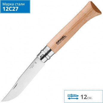 Нож OPINEL №12, нержавеющая сталь, рукоять из бука, серрейторная заточка, 002441
