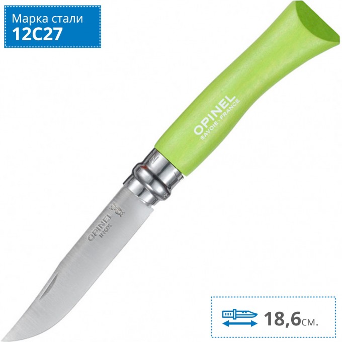 Нож OPINEL №7, нержавеющая сталь, зеленый, блистер 001607