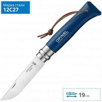 Нож OPINEL №8 TREKKING, нержавеющая сталь, кожаный темляк, синий 001704