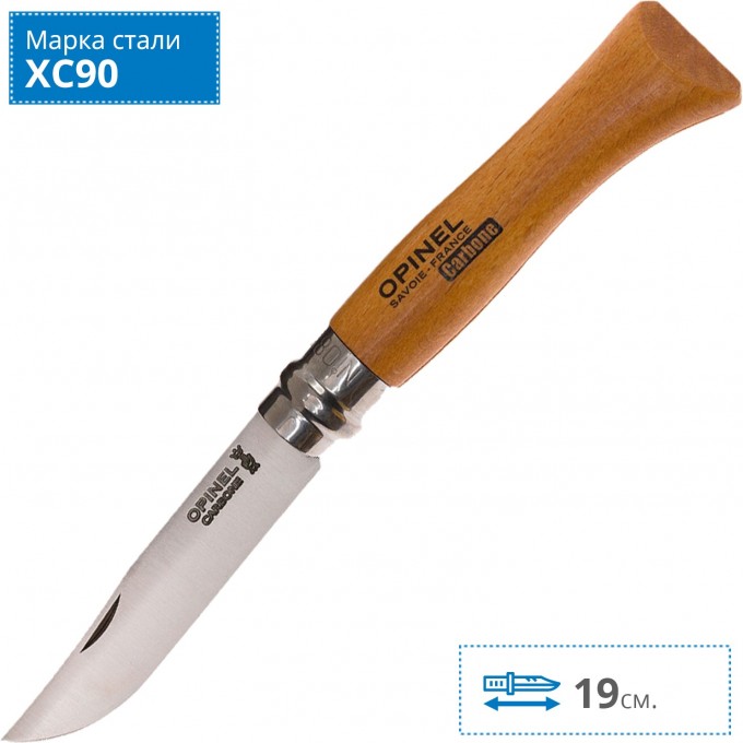 Нож OPINEL №8, углеродистая сталь, рукоять из дерева бука, с чехлом, в деревянной коробке 000815