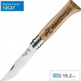 Нож OPINEL №8, нержавеющая сталь, рукоять дуб, гравировка олень, 002332